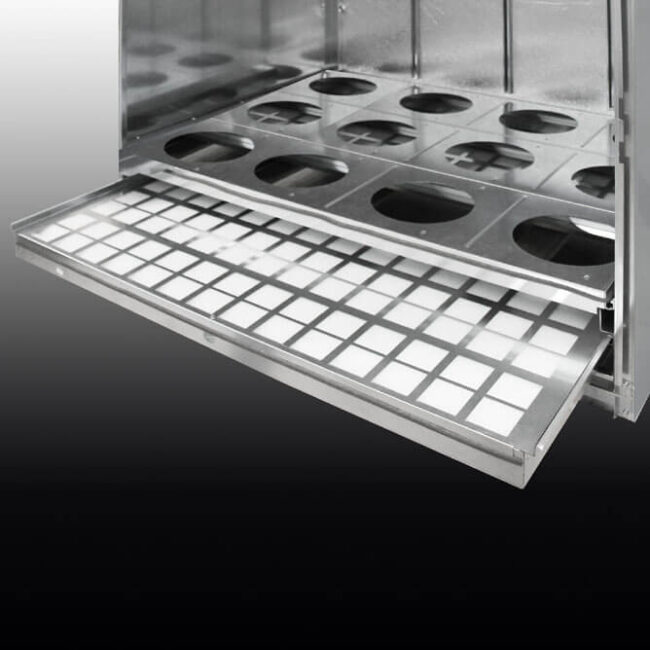 Depurating unit. Drawer fro easy maintenance of paint stop filters.