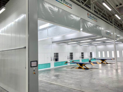 Rational vehicle body shop. Multi-zone PLC controls. Ergonomic cabinets and cupboards. Motorized curtains.